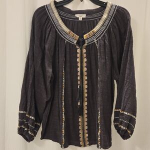 Easel 100% Cotton Charcoal Gray Boho Blouse with Multicolor Embroidery